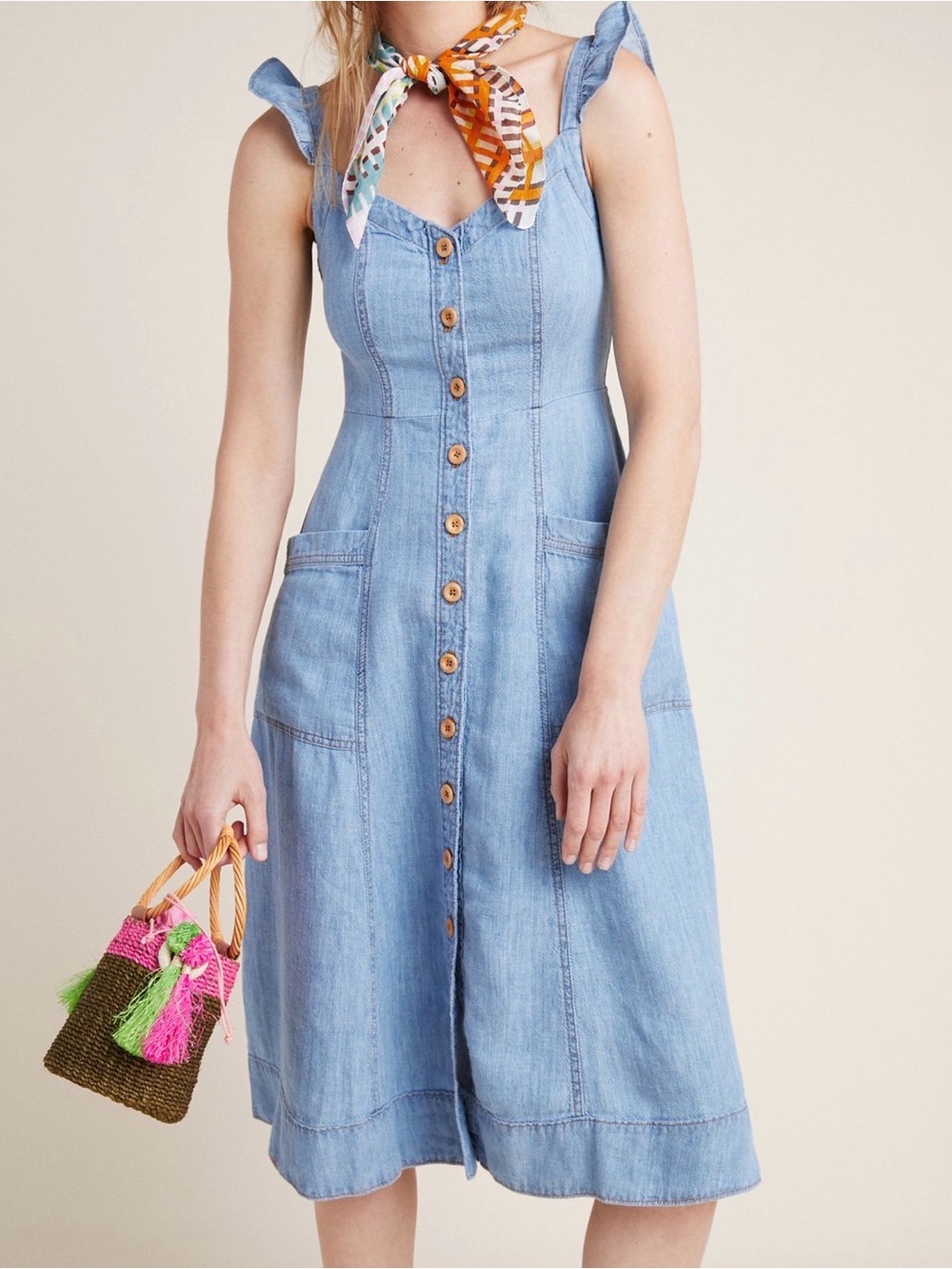 Pilcro Light Blue Denim Button-Front Midi Dress - Picture 1 of 9